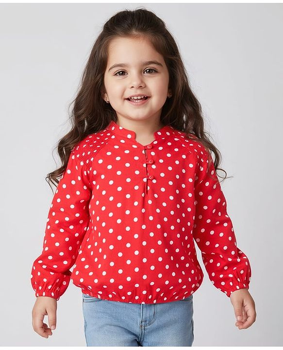 Babyhug Rayon Woven Full Sleeves Polka Dot Printed Top - Red