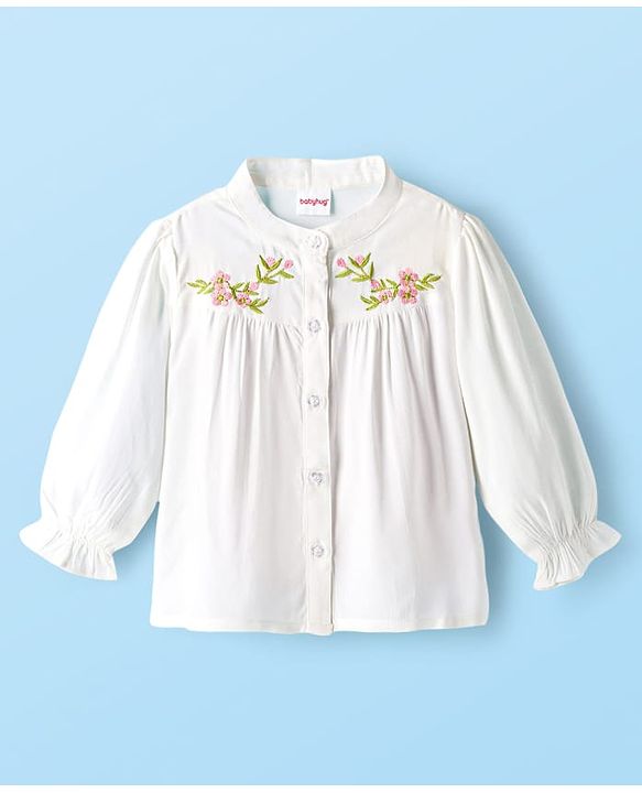 Babyhug Rayon Woven Full Sleeves Floral Embroidered Top  - White