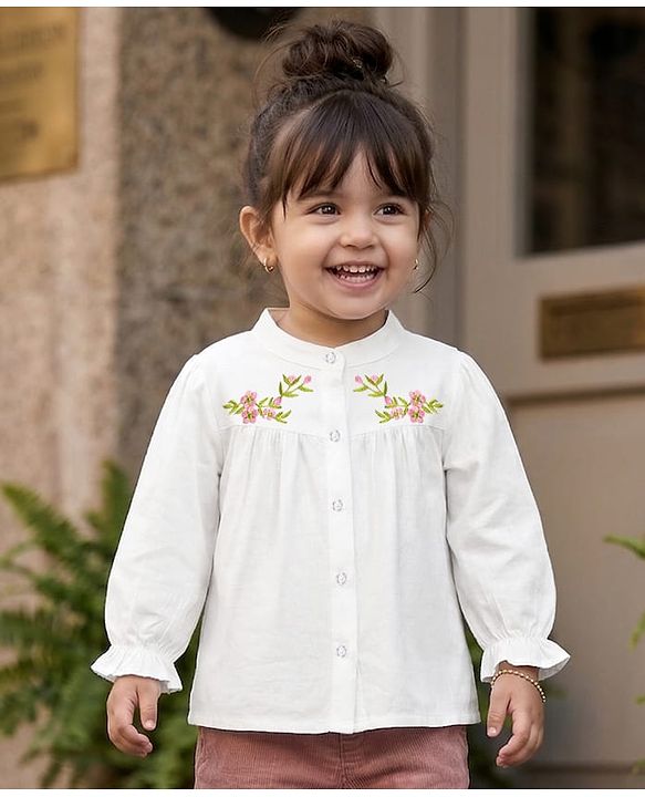 Babyhug Rayon Woven Full Sleeves Floral Embroidered Top  - White