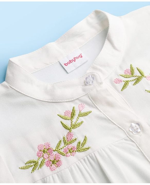 Babyhug Rayon Woven Full Sleeves Floral Embroidered Top  - White
