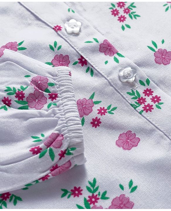 Babyhug Rayon Woven Full Sleeves Top with Front Buttons Lace Detailing & Floral Print - White