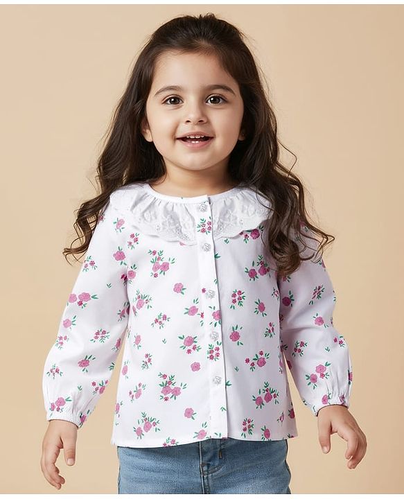 Babyhug Rayon Woven Full Sleeves Top with Front Buttons Lace Detailing & Floral Print - White