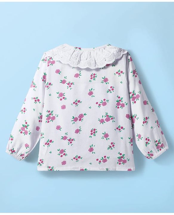 Babyhug Rayon Woven Full Sleeves Top with Front Buttons Lace Detailing & Floral Print - White