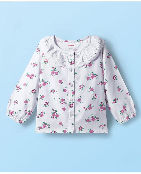 Babyhug Rayon Woven Full Sleeves Top with Front Buttons Lace Detailing & Floral Print - White