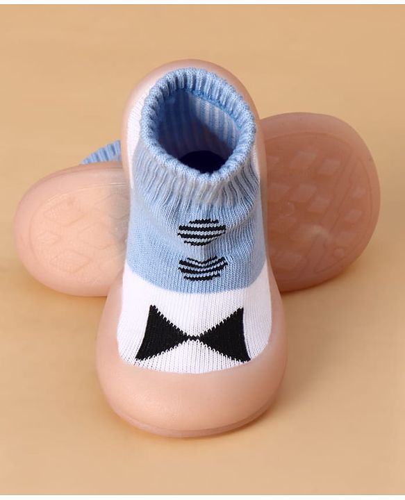 Cute Walk by Babyhug Slip on Sock Shoes with Bow Embroidery - Blue