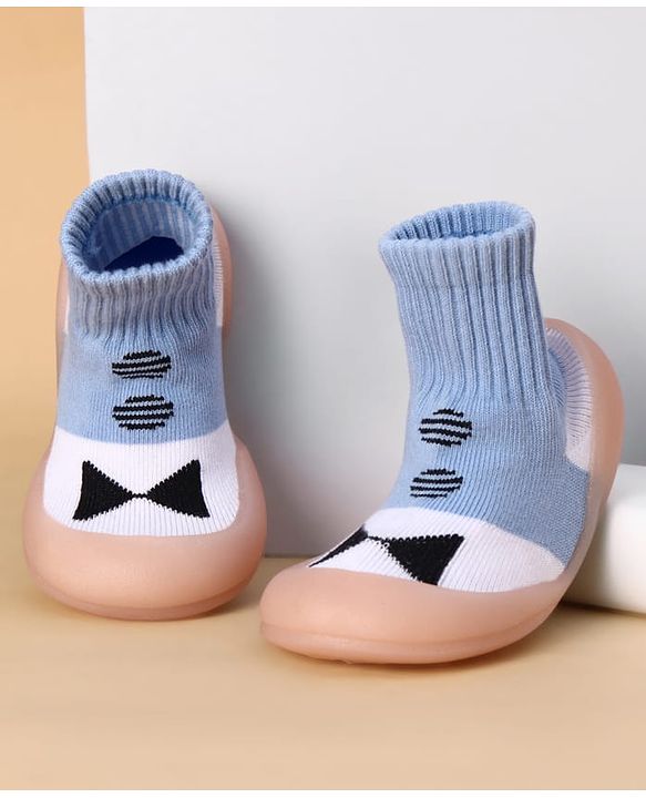 Cute Walk by Babyhug Slip on Sock Shoes with Bow Embroidery - Blue