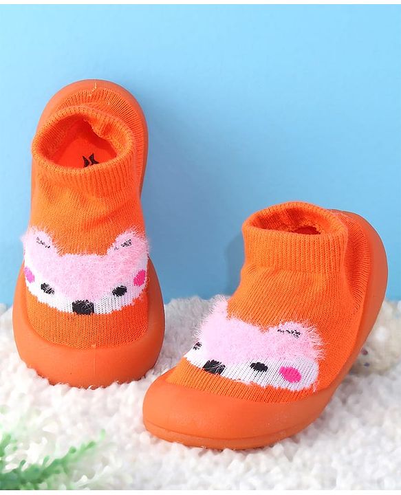 Cute Walk by Babyhug Sock Shoes with Bunny & Polka Dot Design - Orange