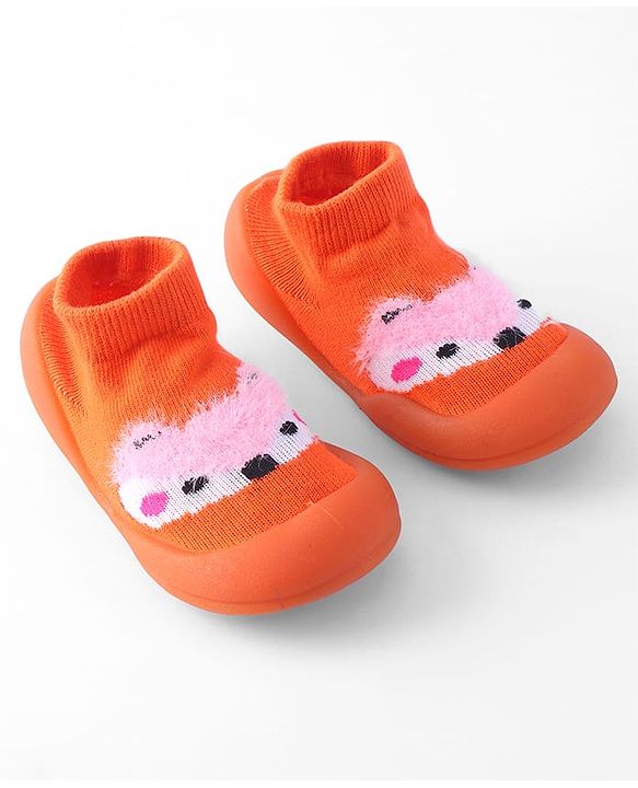 Cute Walk by Babyhug Sock Shoes with Bunny & Polka Dot Design - Orange