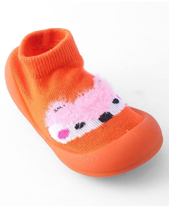 Cute Walk by Babyhug Sock Shoes with Bunny & Polka Dot Design - Orange