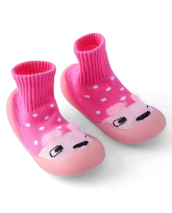 Cute Walk by Babyhug Sock Shoes with Bunny & Polka Dot Design - Fuchsia