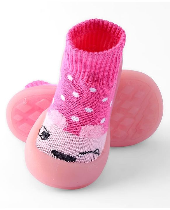 Cute Walk by Babyhug Sock Shoes with Bunny & Polka Dot Design - Fuchsia