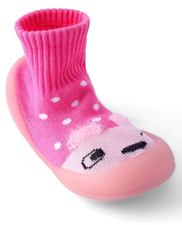 Cute Walk by Babyhug Sock Shoes with Bunny & Polka Dot Design - Fuchsia