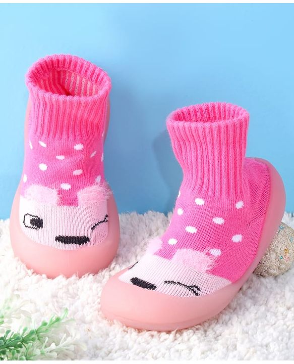 Cute Walk by Babyhug Sock Shoes with Bunny & Polka Dot Design - Fuchsia