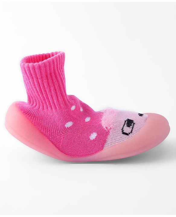 Cute Walk by Babyhug Sock Shoes with Bunny & Polka Dot Design - Fuchsia