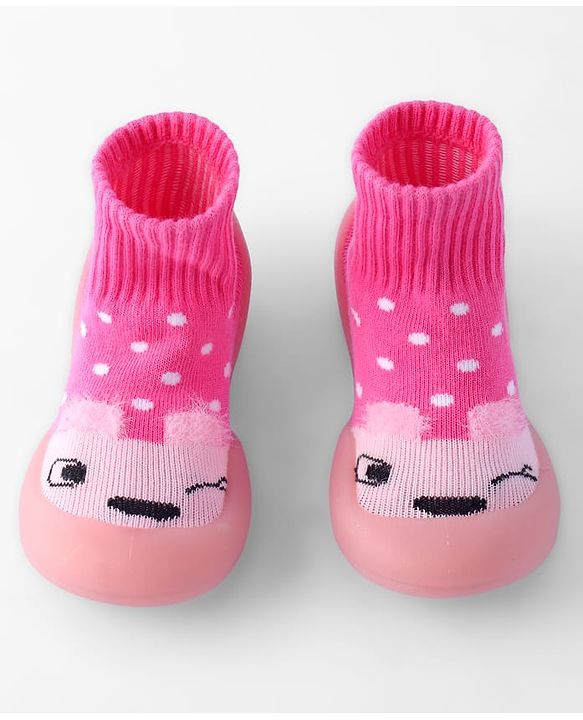 Cute Walk by Babyhug Sock Shoes with Bunny & Polka Dot Design - Fuchsia