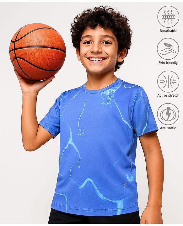 Pine Active Knit Half Sleeves T-Shirt with Abstract Print - Blue