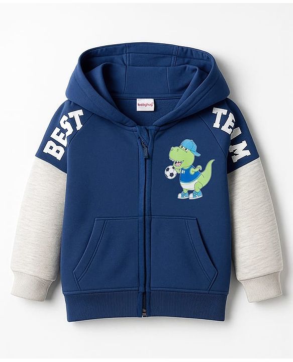 Babyhug Fleece Knit Full Raglan Sleeves Hooded SweatJacket with Dino Graphic & Kangaroo Pocket - Navy Blue