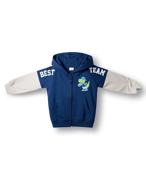 Babyhug Fleece Knit Full Raglan Sleeves Hooded SweatJacket with Dino Graphic & Kangaroo Pocket - Navy Blue