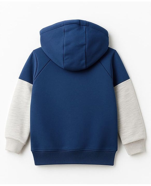 Babyhug Fleece Knit Full Raglan Sleeves Hooded SweatJacket with Dino Graphic & Kangaroo Pocket - Navy Blue