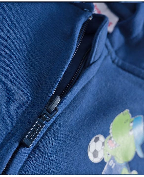 Babyhug Fleece Knit Full Raglan Sleeves Hooded SweatJacket with Dino Graphic & Kangaroo Pocket - Navy Blue