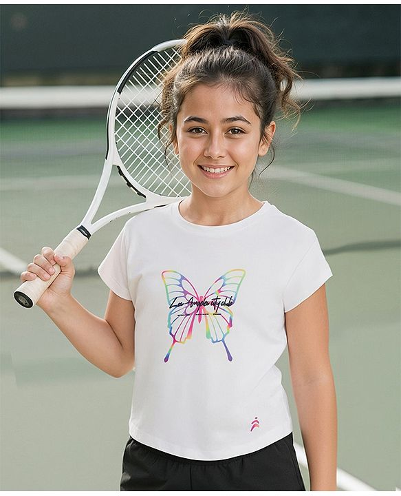 Pine Active Knit Half Sleeves T-Shirt with Butterfly Print - White