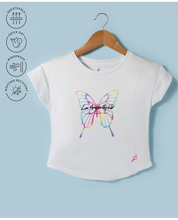Pine Active Knit Half Sleeves T-Shirt with Butterfly Print - White