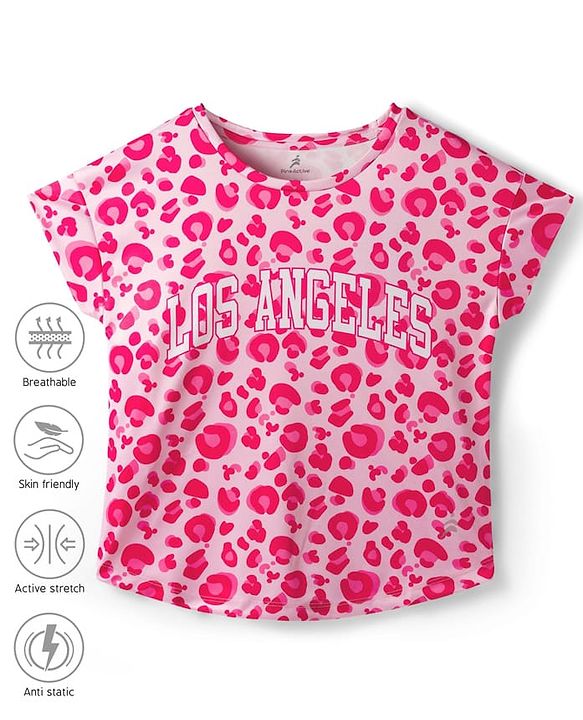 Pine Active knit Half Sleeves Top with Text Print - Pink