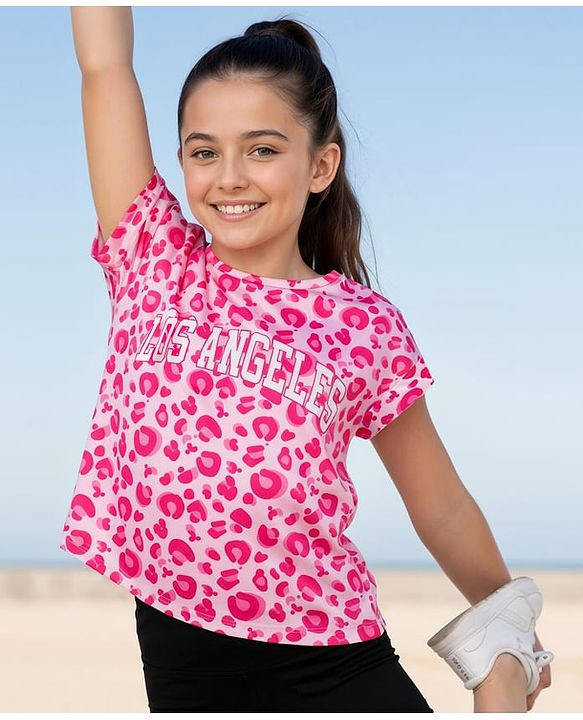 Pine Active knit Half Sleeves Top with Text Print - Pink