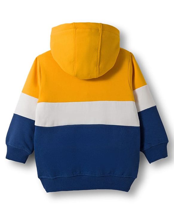 Babyhug Fleece Knit Full Sleeves Hooded Sweatshirt With Tiger Embroidery & Kangaroo Pockets - Blue & Yellow