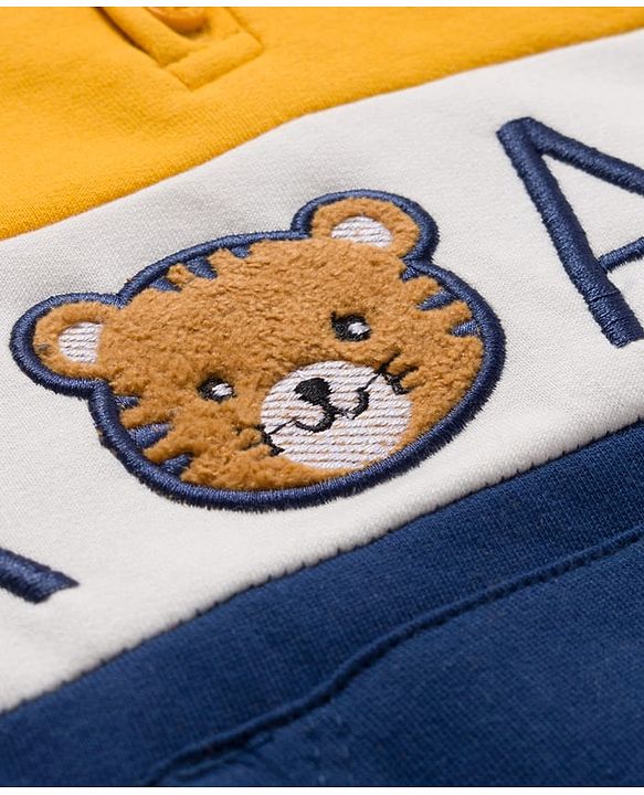 Babyhug Fleece Knit Full Sleeves Hooded Sweatshirt With Tiger Embroidery & Kangaroo Pockets - Blue & Yellow