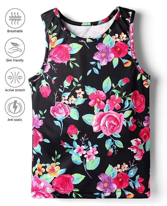Pine Active Knit Sleeveless Floral Printed T-Shirt - Black