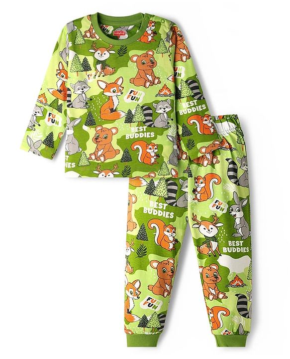 Babyhug Cotton Knit Full Sleeves Co-Ord Night Suit with Animal Print - Green