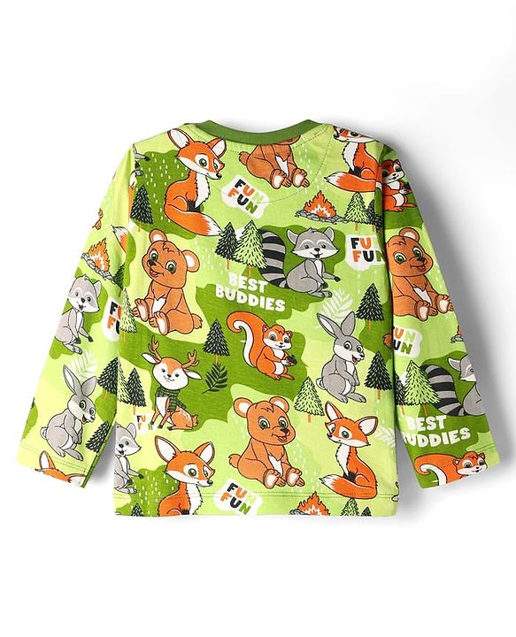 Babyhug Cotton Knit Full Sleeves Co-Ord Night Suit with Animal Print - Green