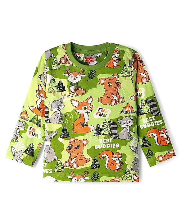 Babyhug Cotton Knit Full Sleeves Co-Ord Night Suit with Animal Print - Green