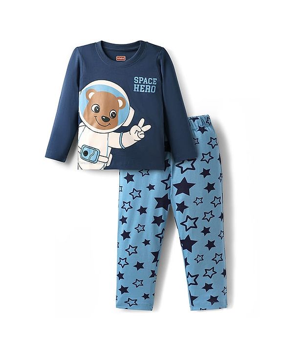 Babyhug Cotton Knit Full Sleeves Night Suit with Teddy Print - Navy Blue