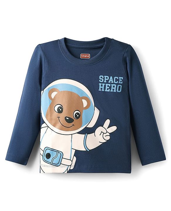 Babyhug Cotton Knit Full Sleeves Night Suit with Teddy Print - Navy Blue