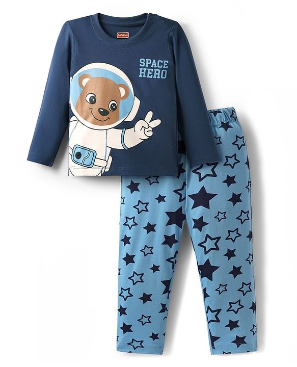 Babyhug Cotton Knit Full Sleeves Night Suit with Teddy Print - Navy Blue