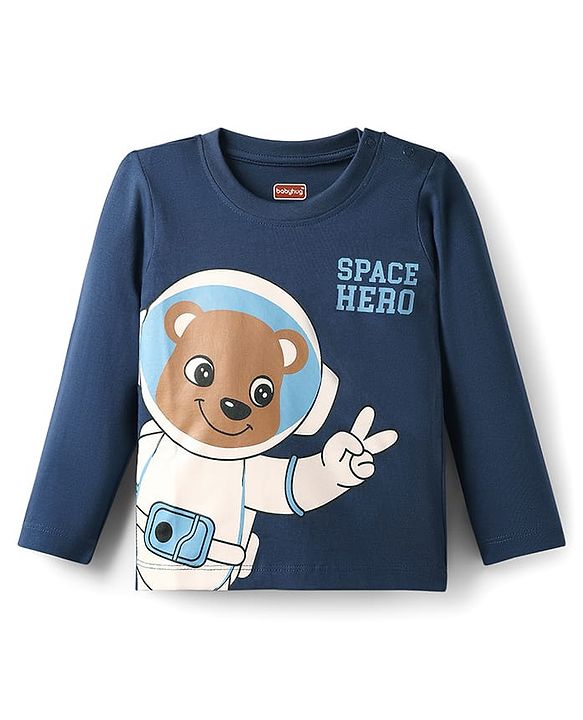 Babyhug Cotton Knit Full Sleeves Night Suit with Teddy Print - Navy Blue