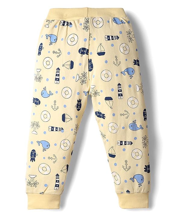 Babyhug Cotton Knit Full Length Lounge Pant With Nautical Theme Print - Yellow