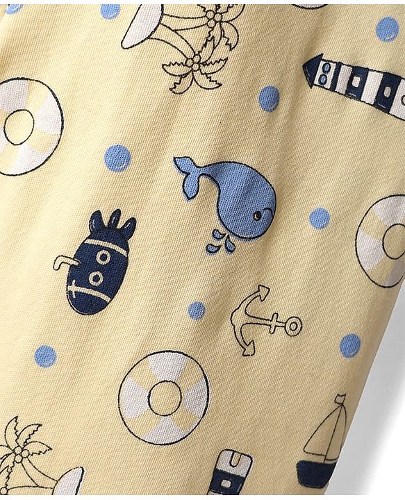 Babyhug Cotton Knit Full Length Lounge Pant With Nautical Theme Print - Yellow