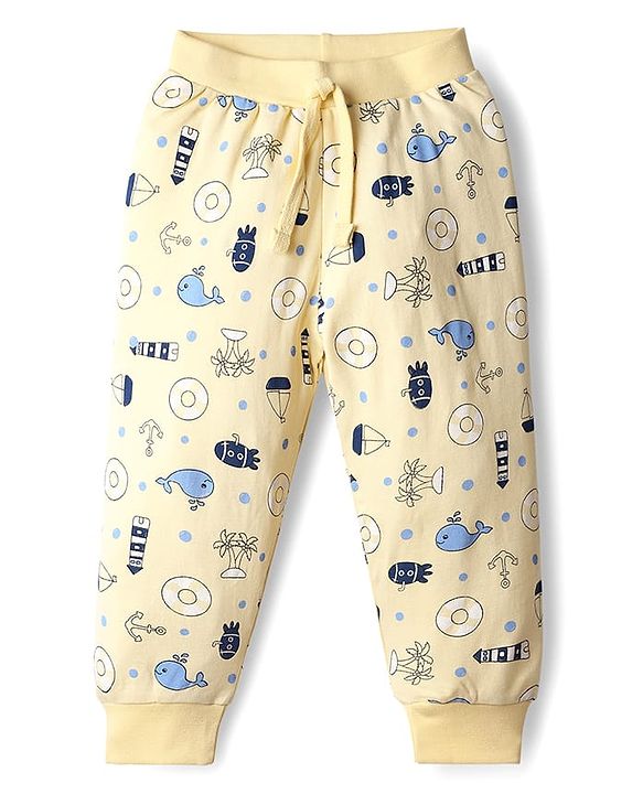 Babyhug Cotton Knit Full Length Lounge Pant With Nautical Theme Print - Yellow