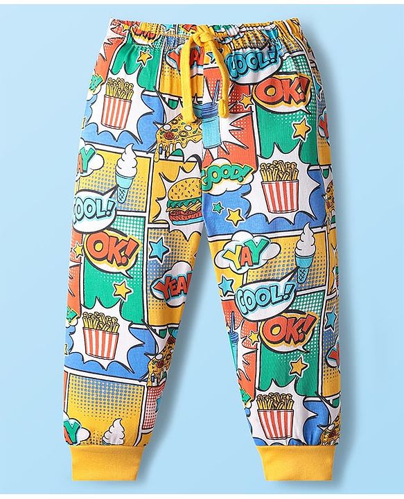 Babyhug Cotton Knit Full Length Lounge Pant With Text Print - Multicolour