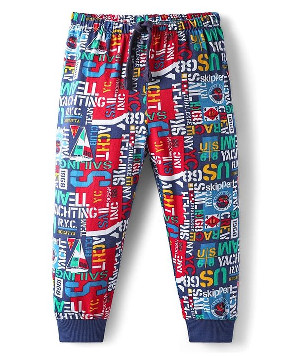 Babyhug Cotton Knit Full Length Lounge Pant with Text Print - Multicolor