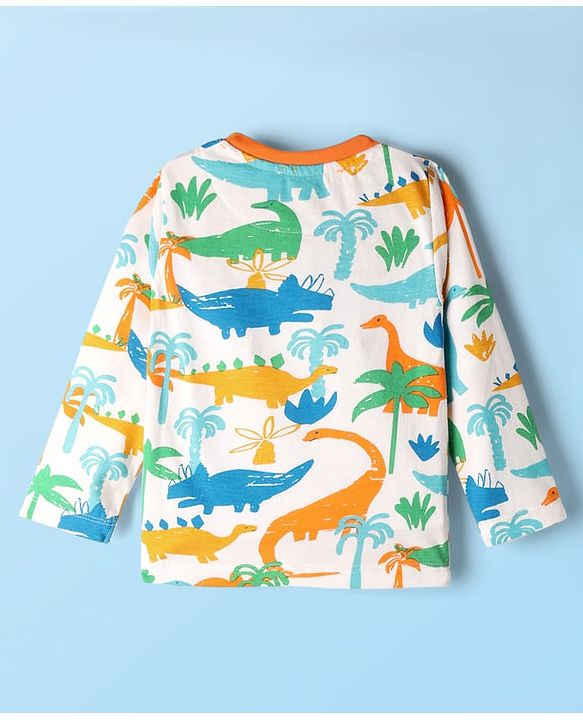 Babyhug Cotton Knit Full Sleeves Co-Ord Night Suit with Dino Print - White