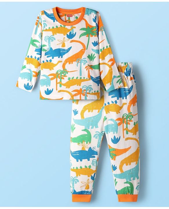 Babyhug Cotton Knit Full Sleeves Co-Ord Night Suit with Dino Print - White