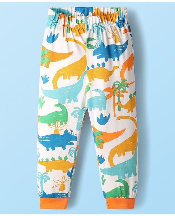 Babyhug Cotton Knit Full Sleeves Co-Ord Night Suit with Dino Print - White
