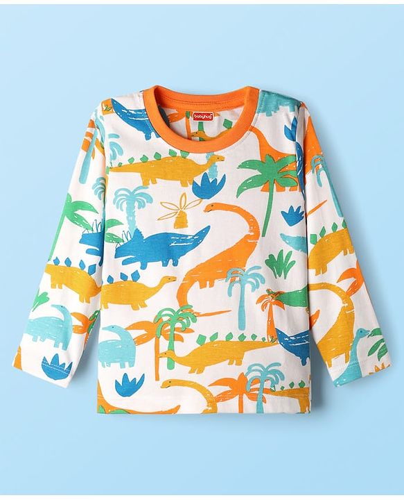 Babyhug Cotton Knit Full Sleeves Co-Ord Night Suit with Dino Print - White