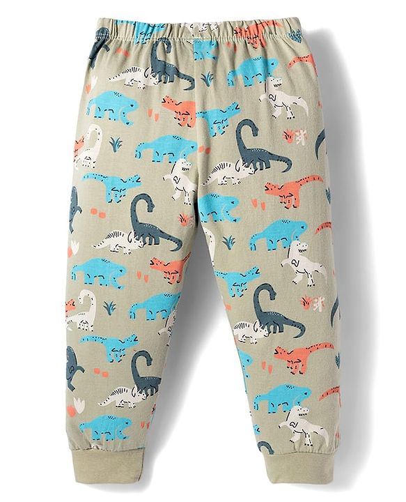 Babyhug Cotton Knit Full Length Lounge Pant With Dino Print - Olive Green