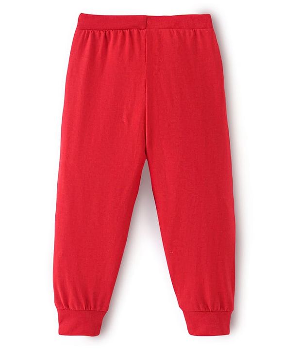 Babyhug Cotton Knit Full Length Lounge Pant with Owl Print Print - Red