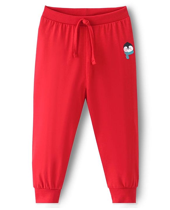 Babyhug Cotton Knit Full Length Lounge Pant with Owl Print Print - Red